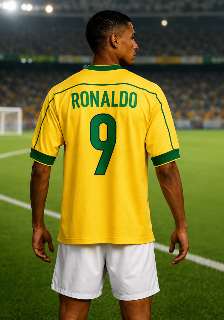 Camisa retrô da Seleção Brasileira inspirada na Copa do Mundo de 1998, com o nome Ronaldo e o número 9 nas costas, vestida por modelo de pele morena em um estádio de futebol